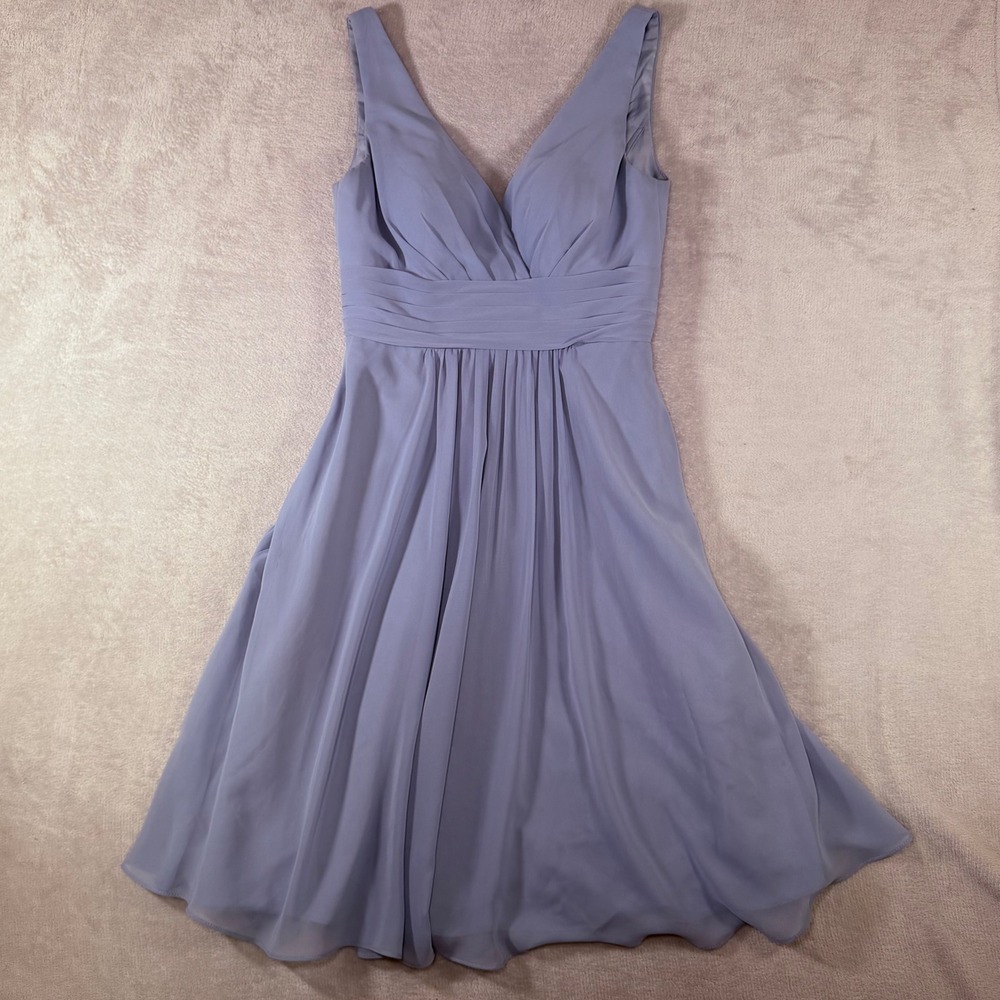Azazie‎ Dusty Blue Chiffon V-Neck Ruffle Back Bridesmaid Formal Dress Size A4